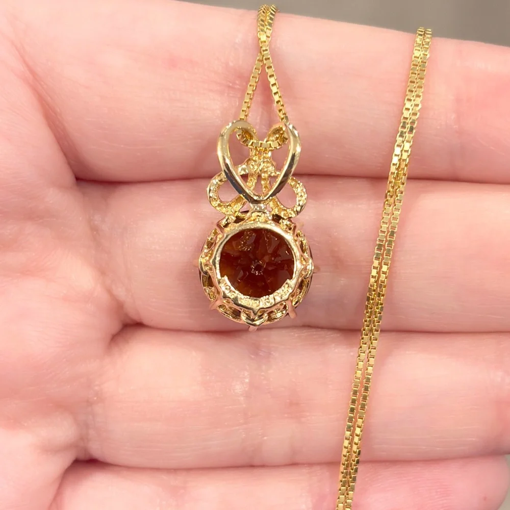 Vintage 14K Gold Smoky Quartz Pendant Necklace: Filigree Bow, Star Cut - Picture 9 of 10